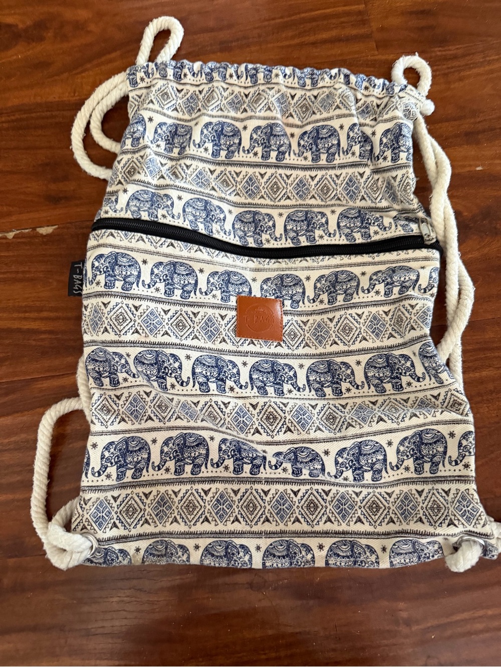 Elephant Print Canvas Drawstring Backpack Boho Festival Travel Bag